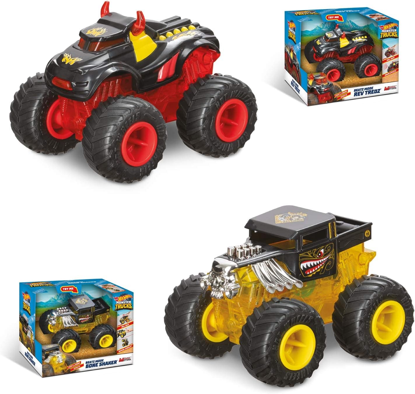 MONDO Motors - Hot Wheels Monster Trucks BEATZ Mode - máquina de luz y Sonido con retrocarga para niños - 51227