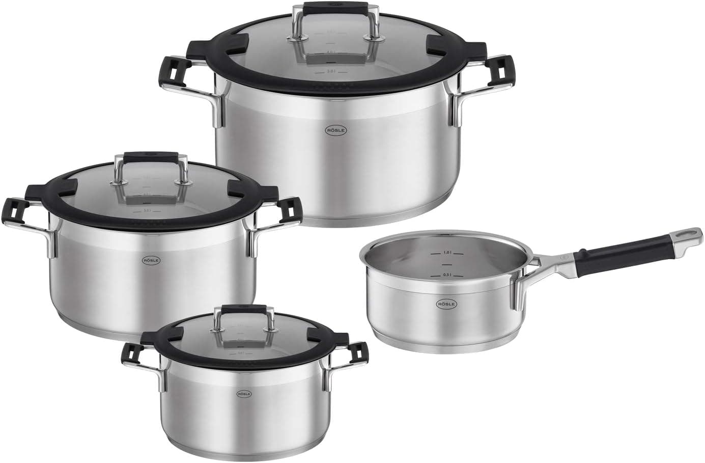 RÖSLE SILENCE PRO Bateria de cozinha de 4 peças, conjunto de panelas universal com 3 panelas e 1 caçarola, aço inoxidável 18/10, tampa de vidro adequada para indução e máquina de lavar louças