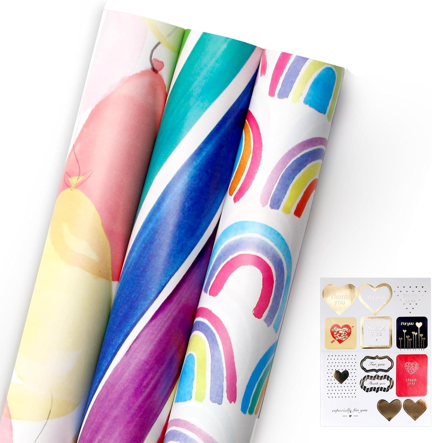 Rolos de papel de embrulho, 43 cm x 3 m, 3 padrões impressos diferentes, adequados para aniversários, festas, casamentos, decorações natalícias