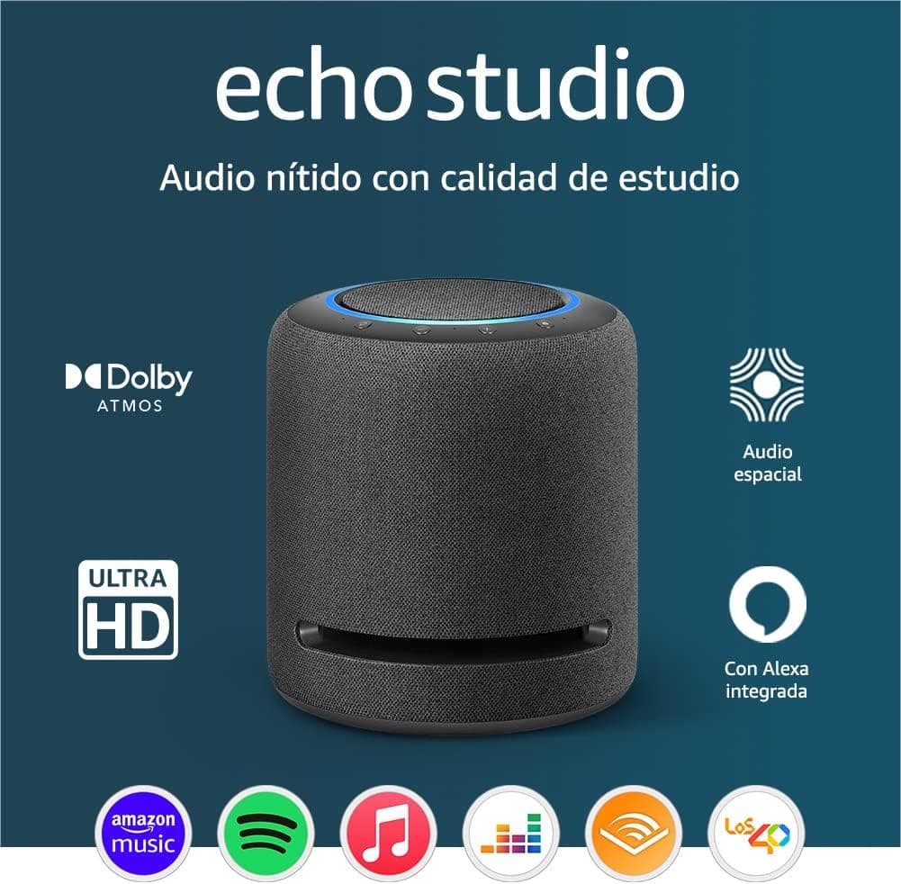 EcoStudio | Nosso alto-falante inteligente Wi-Fi e Bluetooth com melhor som, com áudio espacial, Dolby Atmos, Alexa e controlador doméstico digital | Antracite | Antracite