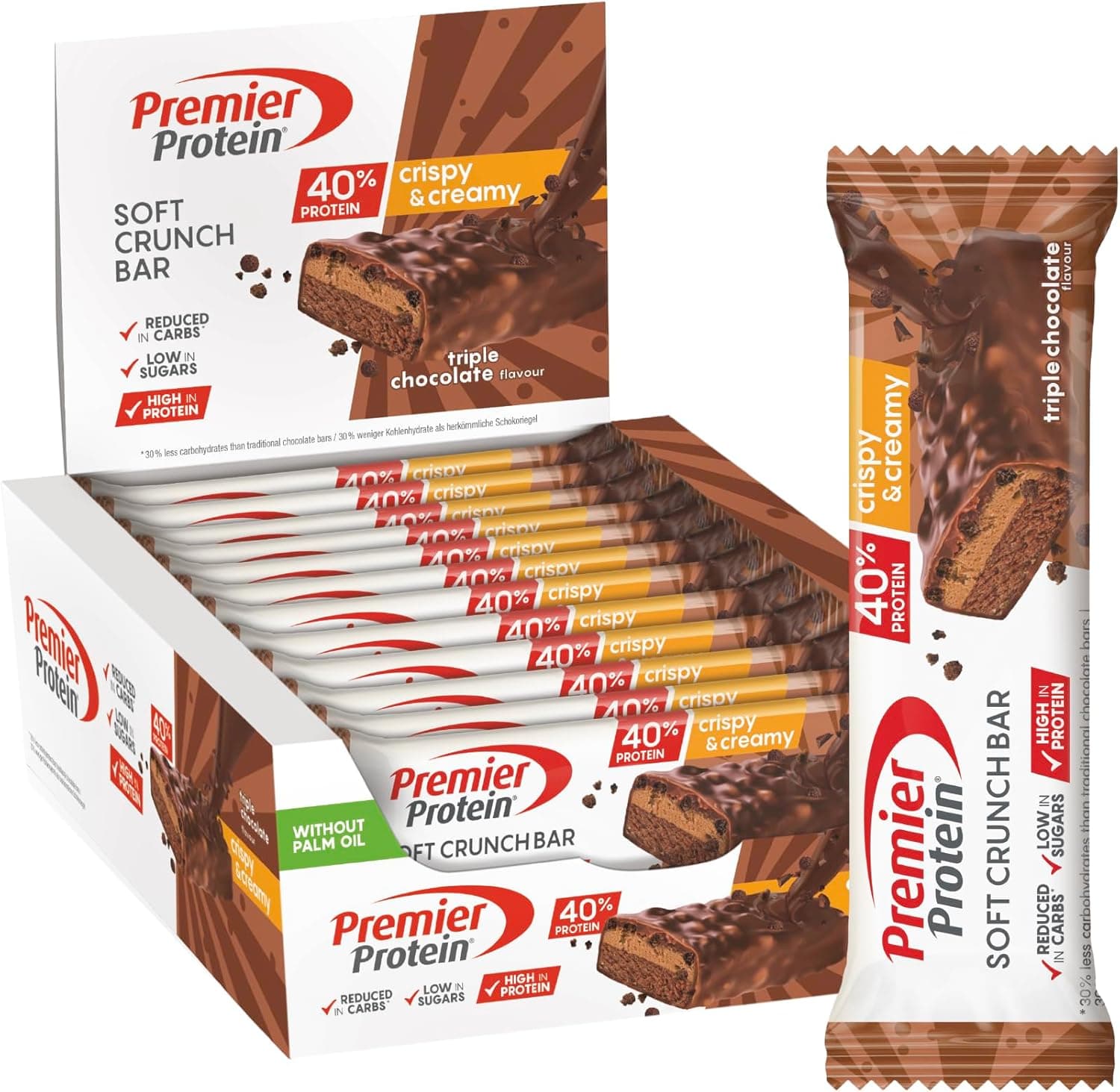 Premier Protein Soft Crunch Bar 40% Protein Triple chocolate 12 x 40 g - baixo em açúcar + baixo em carboidratos + sem óleo de palma