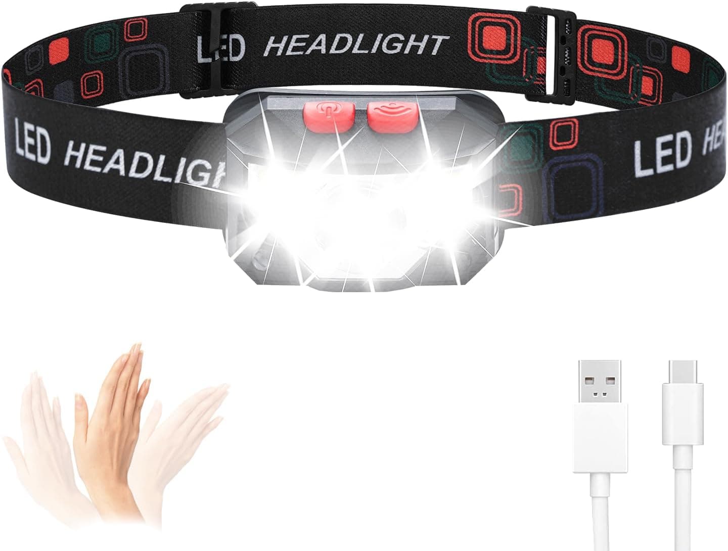 GRIFEMA GD301 Lanterna frontal LED recarregável, 6 modos de luz (branco e vermelho) com sensor de movimento, IPX45 impermeável e leve, para corrida à noite, campismo, pesca, excursão