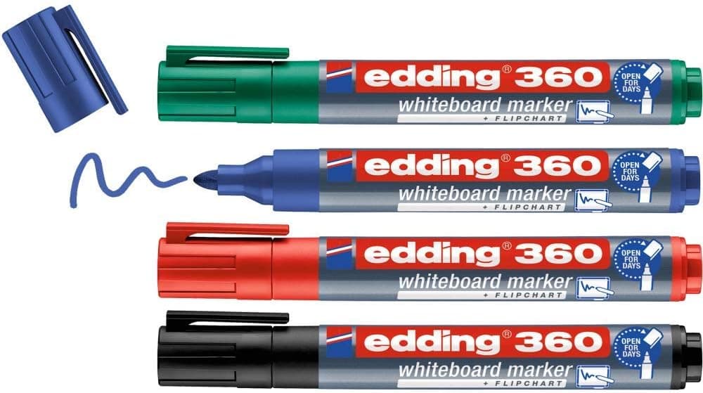 edding 360 Marcador para quadros brancos - multicolor - 4 marcadores - ponta redonda 1,5-3 mm, marcador para quadro branco, apagado a seco, flipchart, quadro de anotações, recarregável
