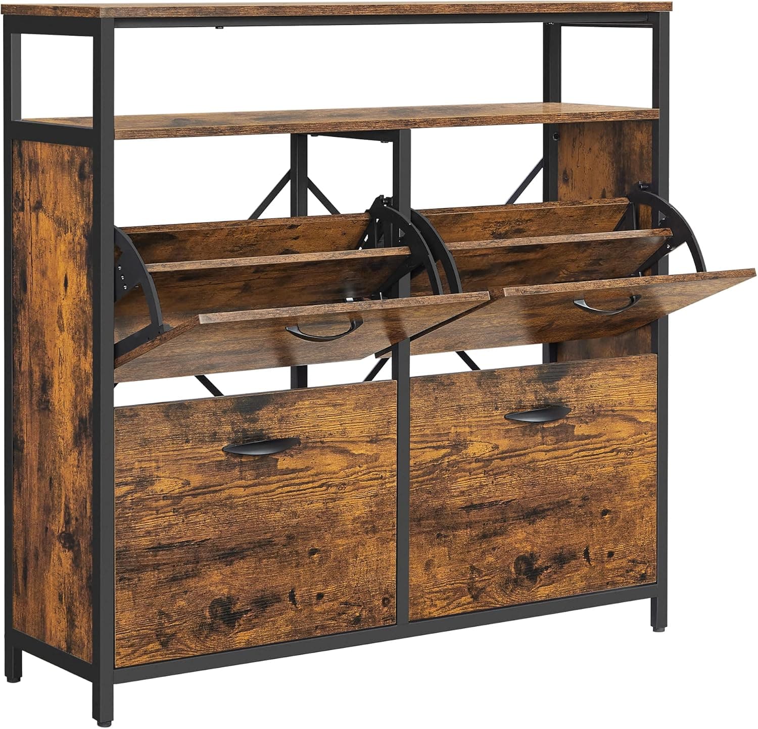 VASAGLE Sapateira, sapato para corredor com 4 portas basculantes, sapato estreito com divisória para 12 - 20 pares de sapatos, 98,3 x 30 x 95 cm, castanho rústico e preto LBS803B01
