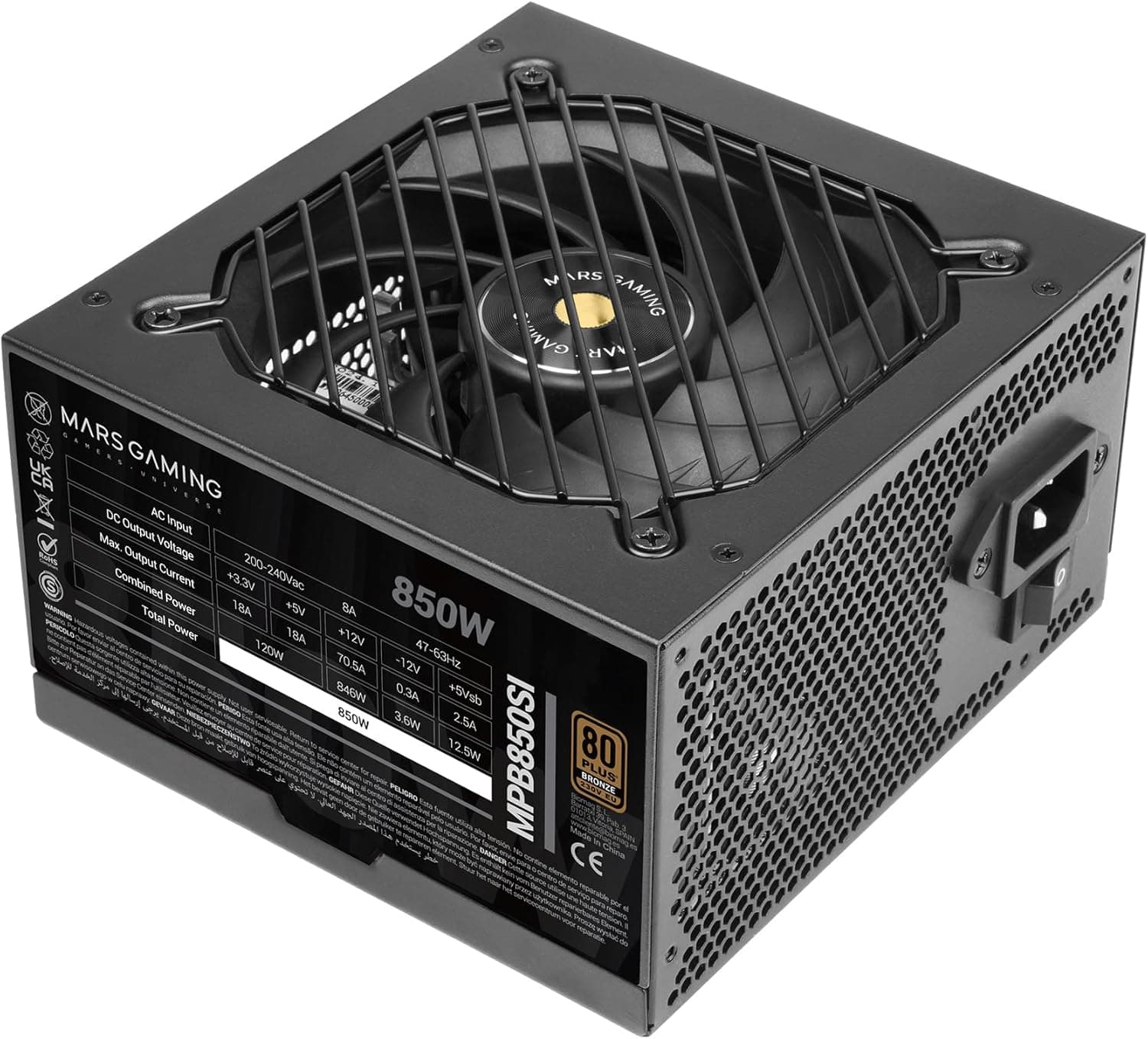 Mars Gaming MPB850SI | Fonte de alimentação ATX 850W 80 Plus Bronze com ventoinha silenciosa