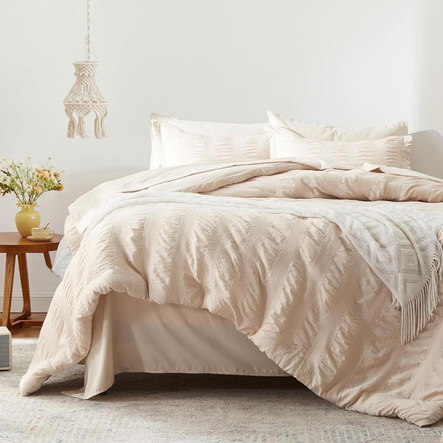 Freyamy Seersucker Capa de edredão de 220 x 240 cm e 2 fronhas de 65 x 65 cm, com estampado às riscas estruturado, bege, conjunto de capa de edredão de 2 pessoas, 100% microfibra 