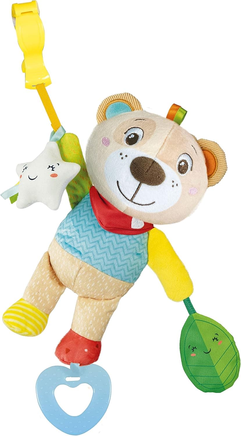 Clementoni - Urso peluche atividades, peluche100% lavável para bebé a partir de 0 meses, para transportar e pendurar, com mordedor e chocalho (17788), multicolorido, M