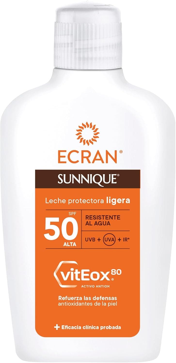 Ecran Sunnique - Leite protetor solar FPS 50, proteção UVB UVA e IR-A, reforça as defesas, protege a pele, hidratação 24 h, fórmula com VitEox 80, para toda a família, 200 ml