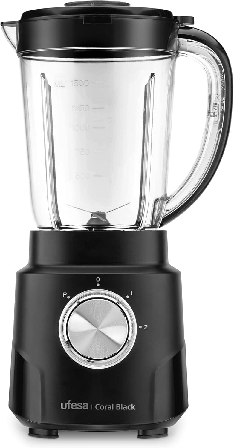 Ufesa Coral Black Liquidificadora de copo, potência de 600 W, jarro de vidro de 1,5 l, 4 lâminas removíveis de aço inoxidável, 2 velocidades TURBO