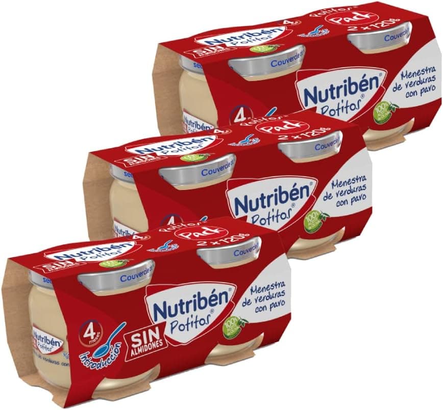 Nutribén Potinhos | carrinho introdução de menestra de legumes com peru | para bebés a partir de 4 meses | sem amidos, sem adição de açúcares, sem glúten, 3 pacotes de 2 unidades de 120 g, 720 g