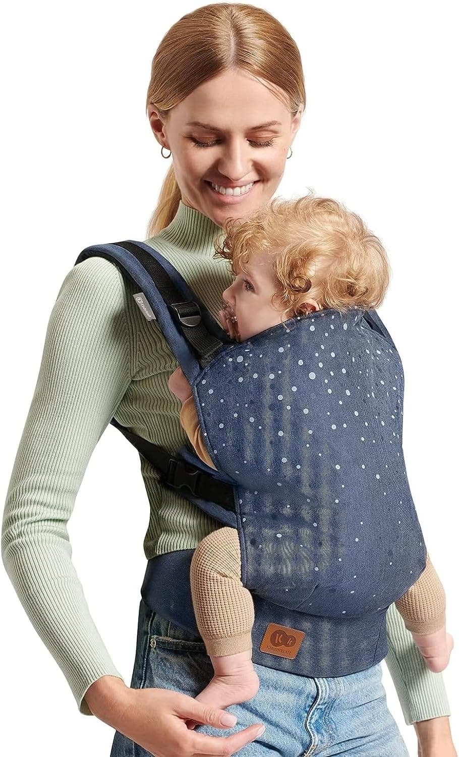 kk Kinderkraft NINO CONFETTI Mochila porta-bebés, porta-bebés ergonómico de 3 mesi a 20 kg, posição dorsal e ventral, bolso, algodão puro, postura segura, assento ajustável, azul