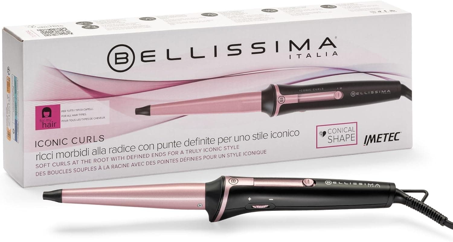 Bellissima Iconic Curls, modelador, revestimento cerâmico, forma cónica para caracóis suaves e pontas definidas, temperatura 150 °C/210 °C, diâmetro 13/25 mm, luva térmica