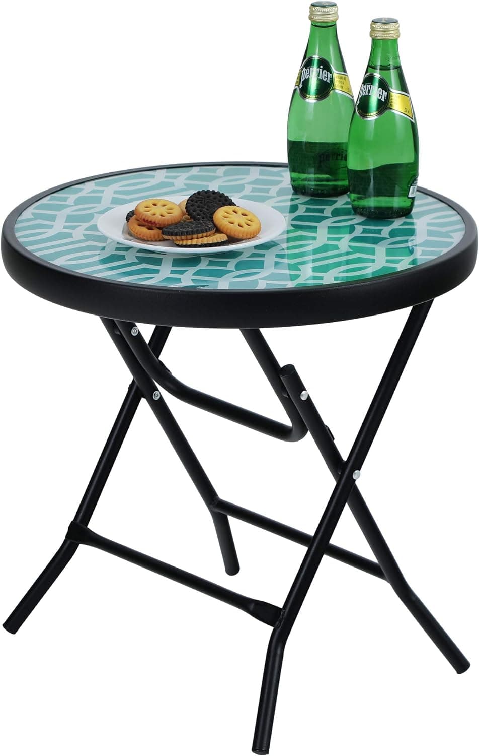 PHIVILLA - Mesa auxiliar redonda, dobrável, de vidro e metal, mesa de varanda, resistente à Intemperie, fácil de manter, para varanda, jardim, terraço, sala de estar
