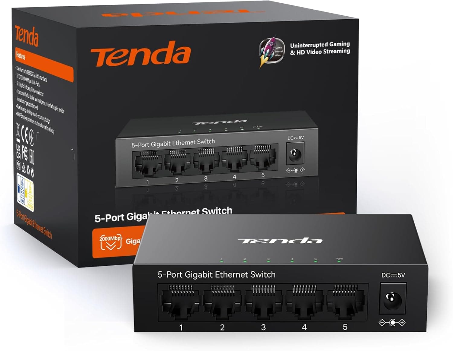 Tenda TEG1005D Switch de Red 5 portas Gigabit de 10/100/1000 Mbps (capa metálica, MDI/MDIX automático, proteção contra raios 6KV, plug and play, modo Full Duplex)