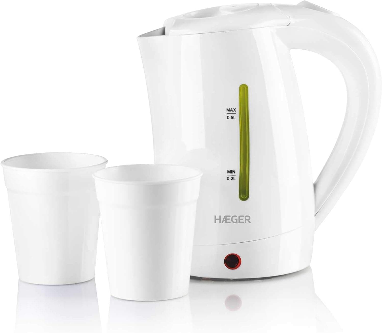 HAEGER Travel - chaleira elétrica - com potência de 1100 W, capacidade de 0,5 l, corte de segurança térmica, elemento de aquecimento oculto, função de desligamento automático
