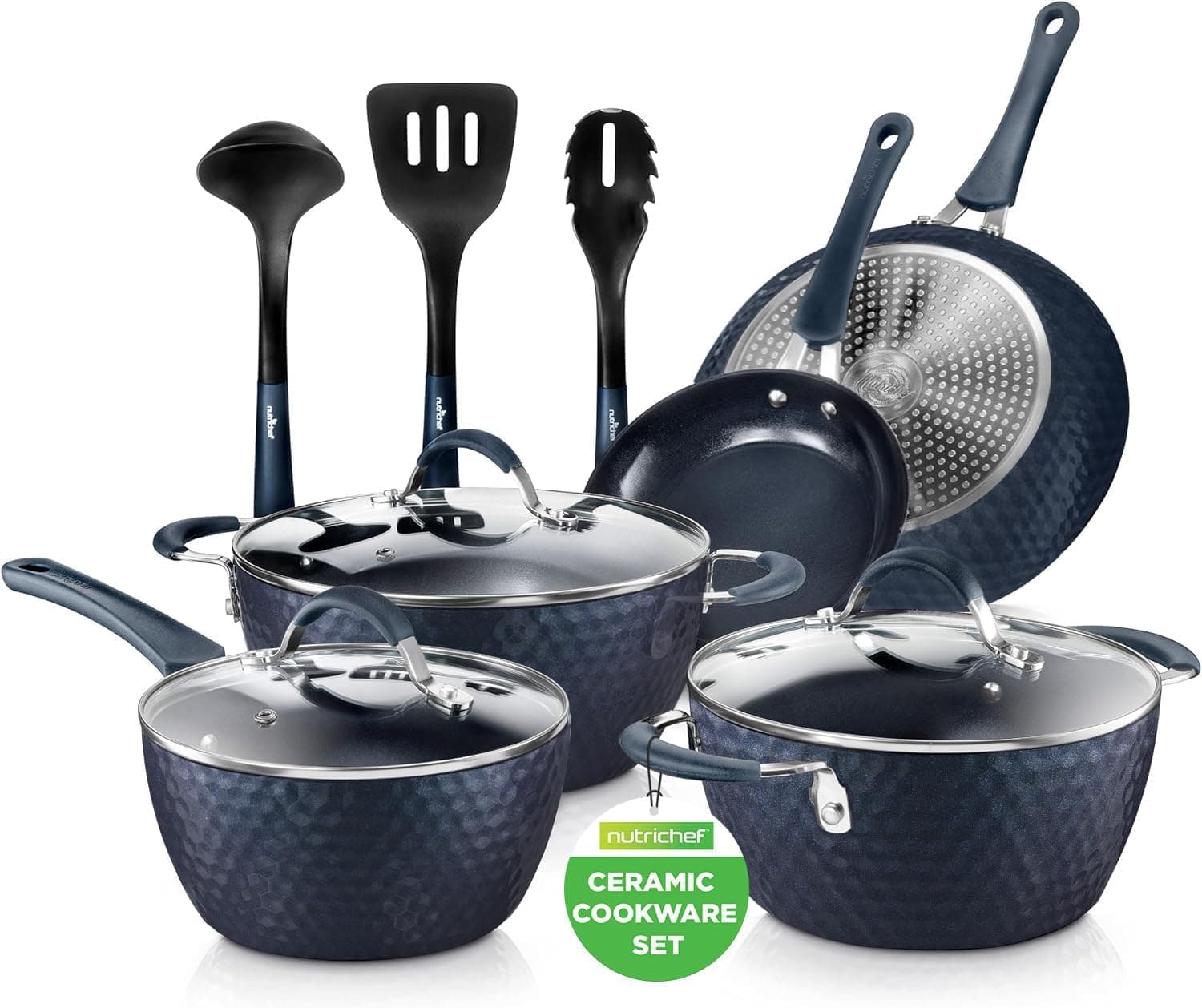 Nutrichef panela cerâmica, 11 peças, conjunto de panelas e frigideiras antiaderentes, conjunto, ergonómico, indução, bateria de cozinha, cor azul diamante