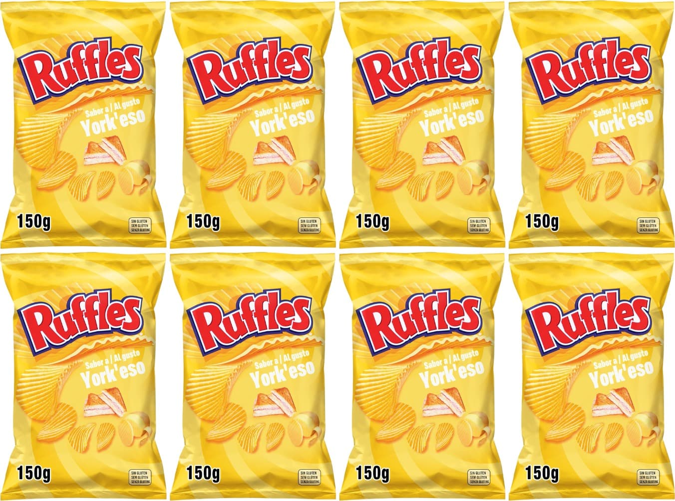 Ruffles Yorkeso, batatas fritas com sabor de presunto e queijo, produto de aperitivo, saco individual, 150 g