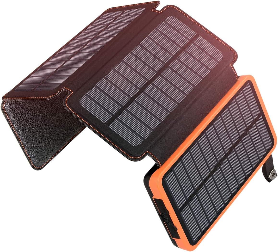 A ADDTOP Carregador solar 25000 mAh Power Bank portátil com 3 portas 3A Output bateria externa impermeável com 4 painéis solares para smartphones tablets