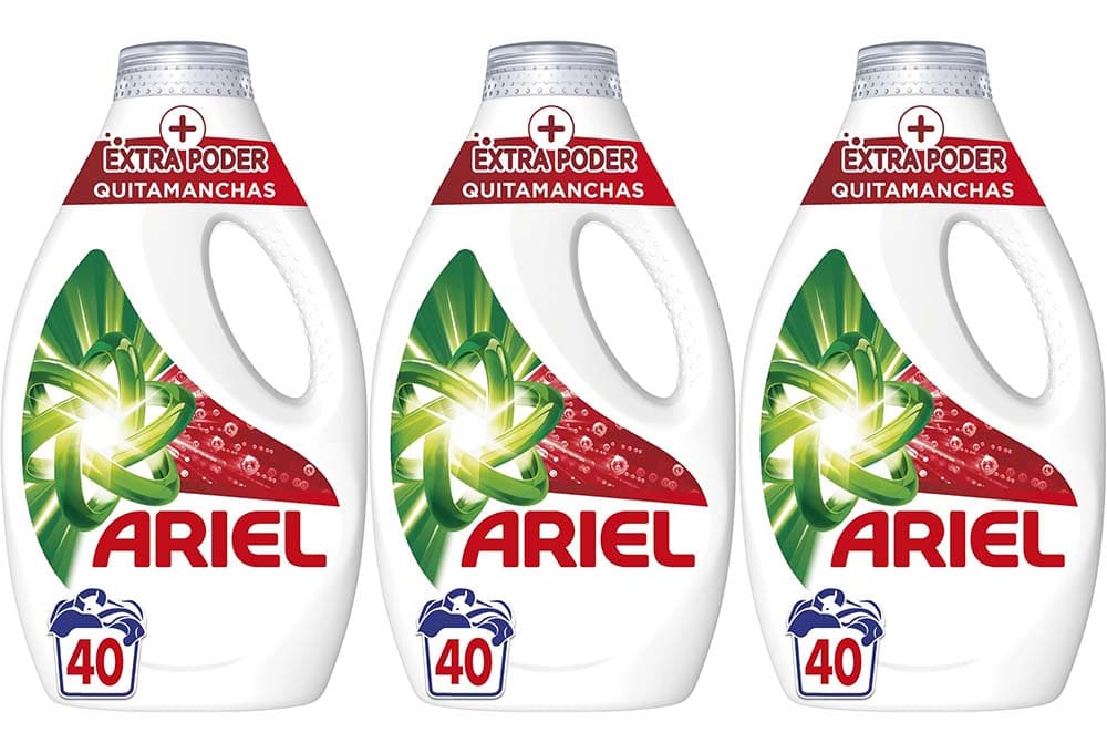Ariel + Poder extra removedor de manchas detergente líquido para máquina de lavar roupa, 40 lavagens x 3