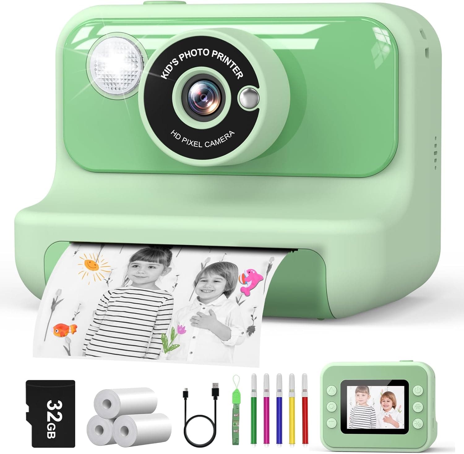 Hangrui Câmara fotos infantis instantâneas, 2,4 polegadas câmara fotos infantis com cartão de 32G, 1080P câmara instantânea para crianças com papel de impressão e canetas de cores, presentes brinquedo