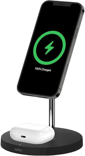 Belkin Carregador sem fios 2 em 1 com MagSafe (carregamento rápido de 15 W, suporte de carregamento para iPhone 14, 13, AirPods e outros dispositivos com MagSafe, adaptador de alimentação incluído)