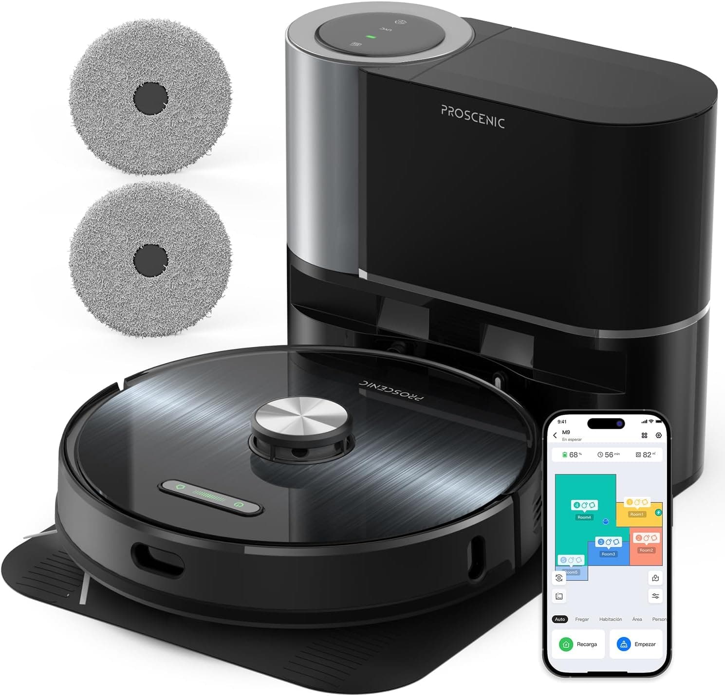 Proscenic M9 Robot aspirador com função de roupa 4500 pa, robot aspirador de pó de navegação a laser, roupa de rotação dupla para pavimentos, tapetes de animais de estimação, controlo Alexa Siri IFTTT