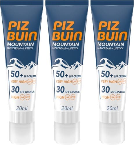 Piz Buin Mountain Sun Cream 50 SPF Lipstick 30 SPF (20 ml), produto 2 em 1 com proteção solar para desportos de alta montanha, protetor solar facial 50 e protetor labial 30