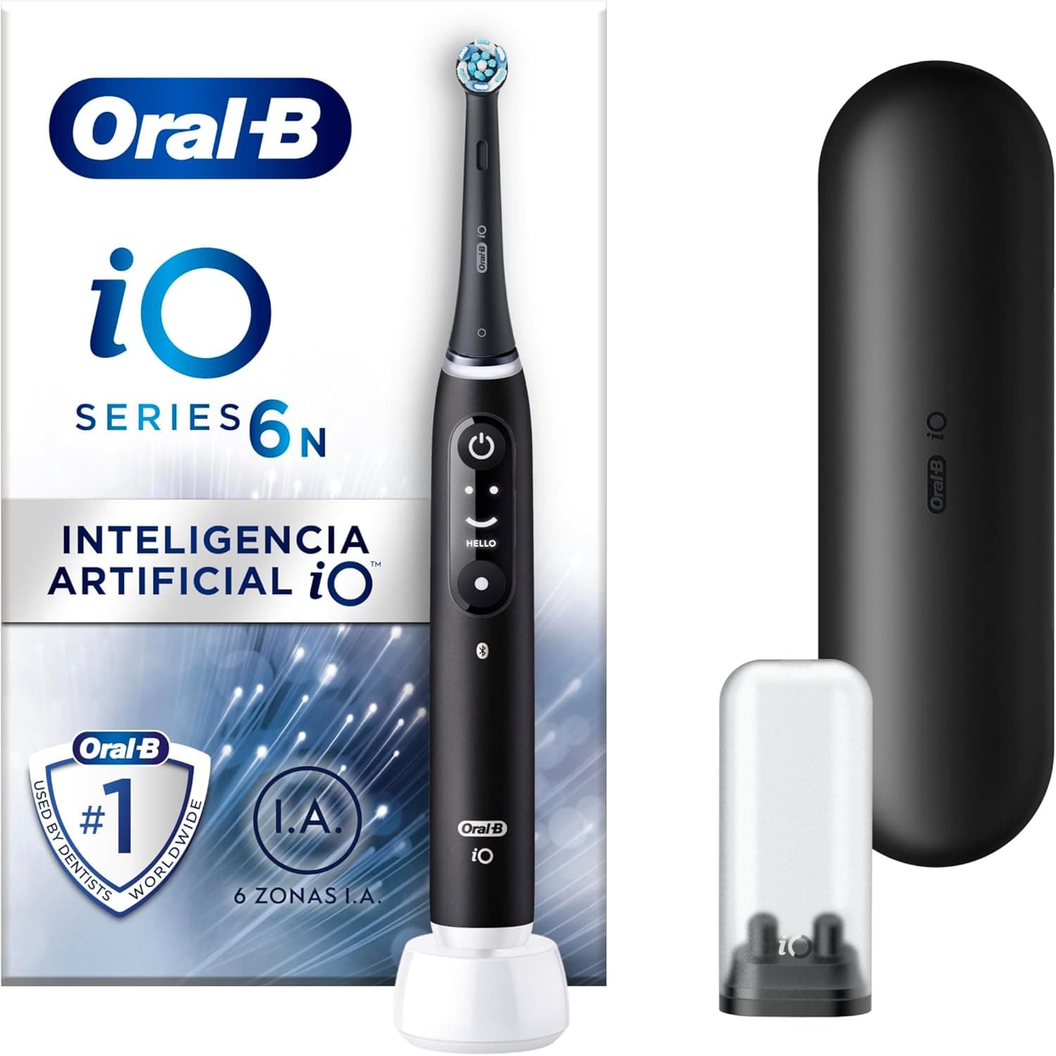 Oral-B iO 6N Escova de dentes elétrica preta com cabo recarregável, 2 cabeças e 1 estojo de viagem, 5 modos de escovar com branqueamento dental, sensor de pressão, desenhado por Braun