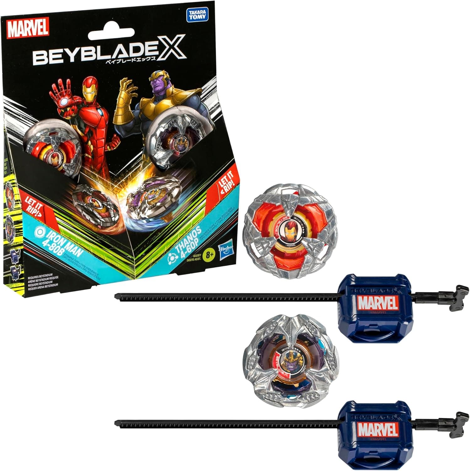 Beyblade X, Pack múltiplo colaboração com a Marvel, Set Iron Man 4-80B vs. Thanos 4-60B