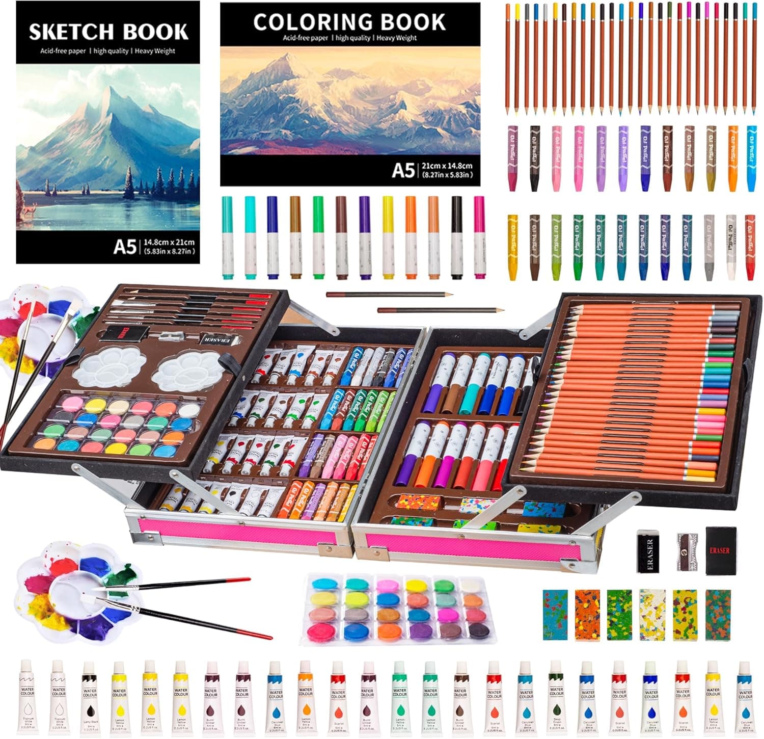 KINSPORY Maletin Pinturas | Conjunto de 139 peças de desenho e pintura para crianças com caixa de madeira