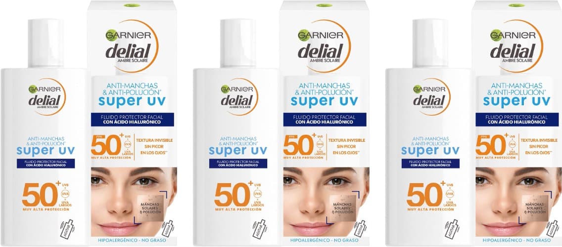 Garnier Delial Protetor solar facial com Ácido Hialurónico Avançado, SPF50, 40 ml x 3