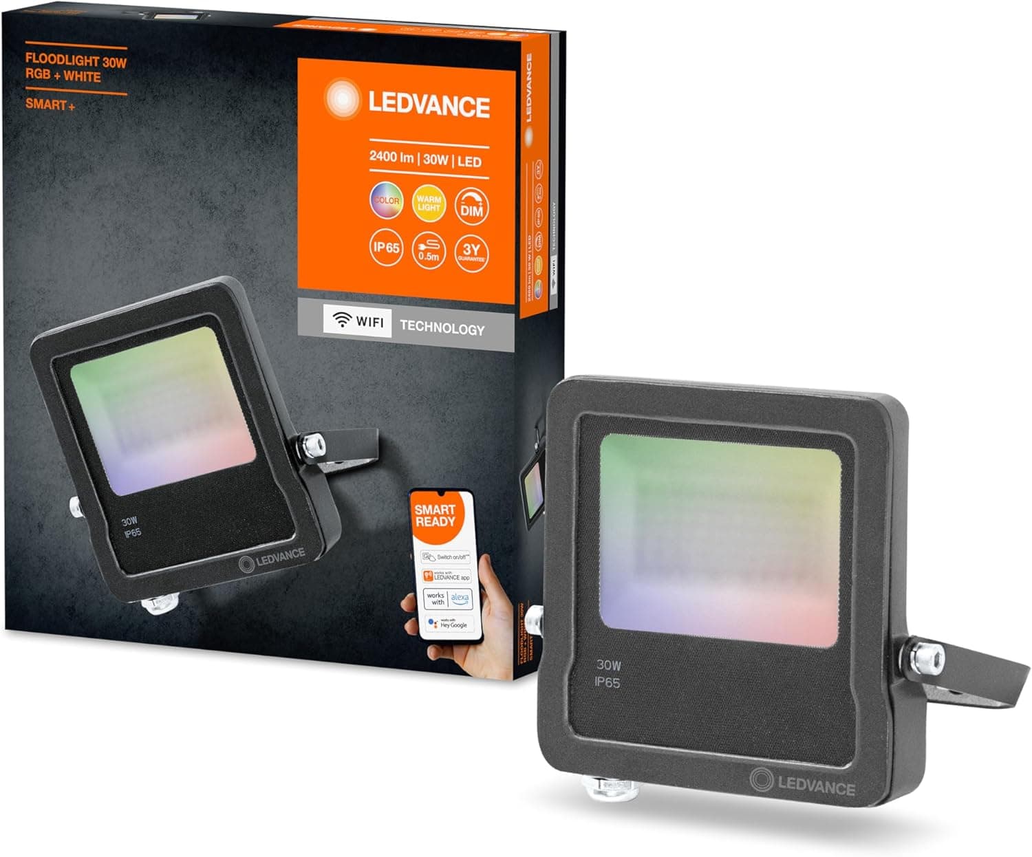 LEDVANCE Luz exterior LED inteligente com tecnologia WiFi, focos para exterior, cores RGB intercambiáveis, 30 W, feita de alumínio cinzento escuro, compatível com Google e Alexa, SMART+ WIFI FLOOD