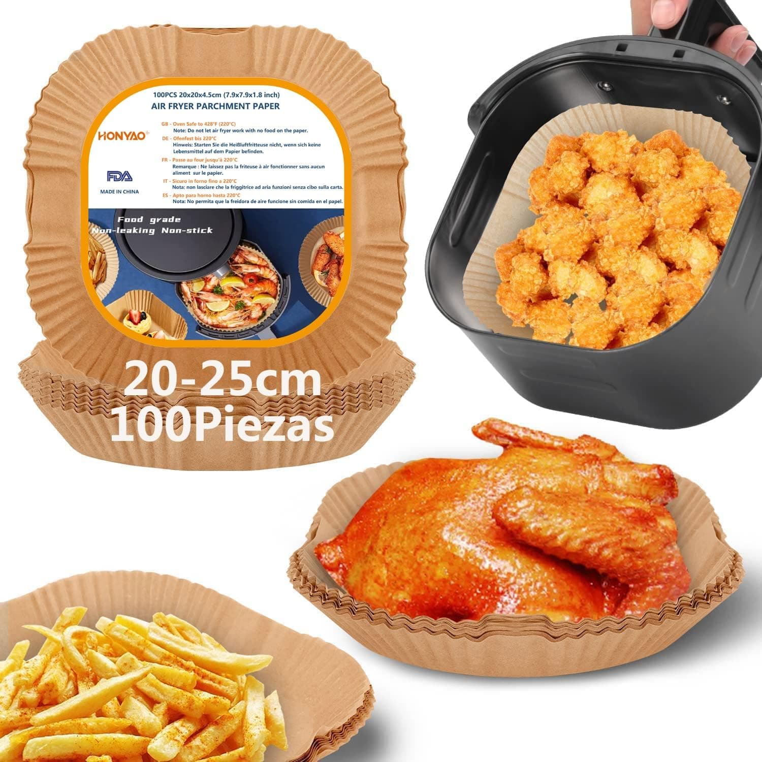 HONYAO Papel para AirFryer XXL 4,5-7,3 L, 100 peças 20-25 cm