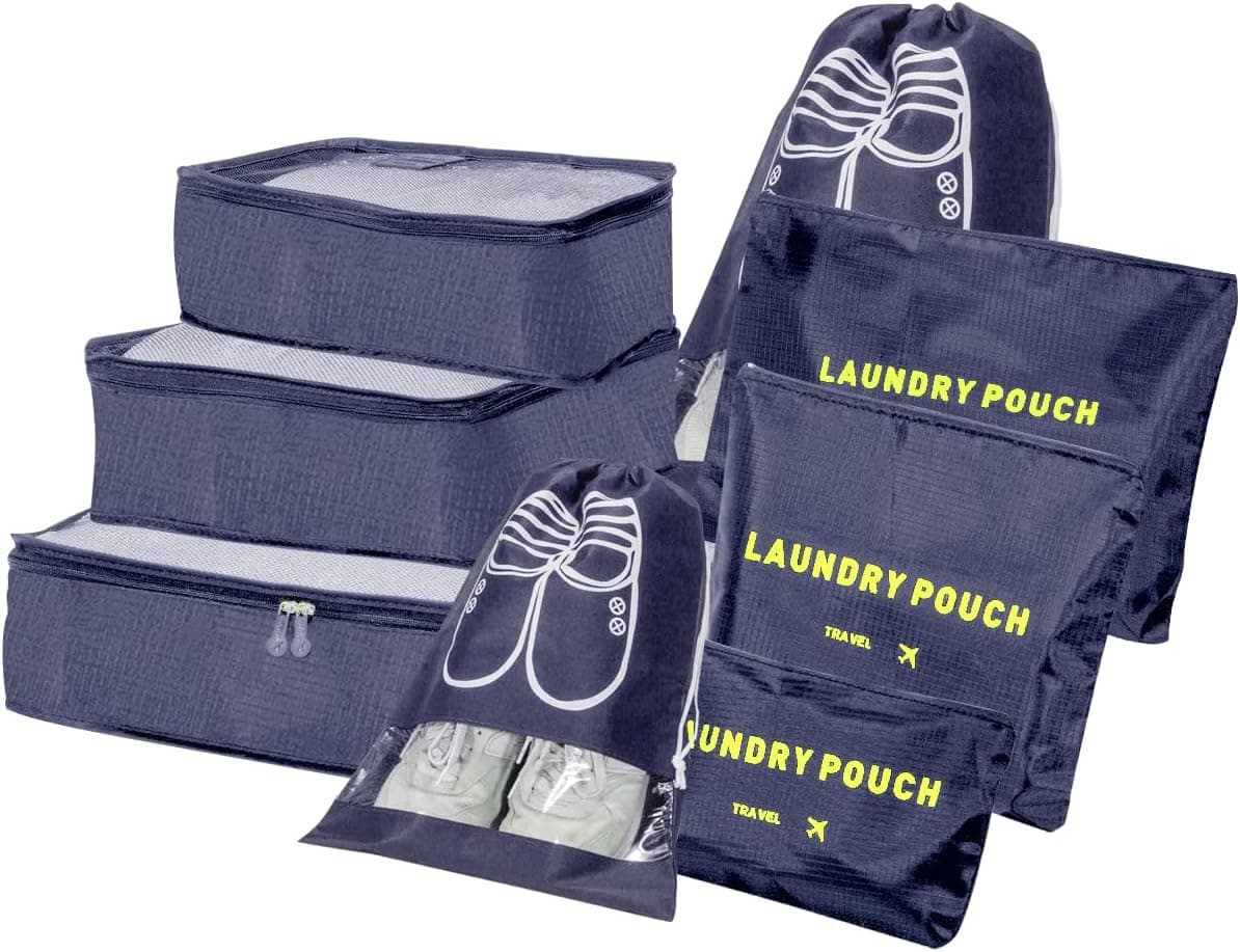 BillyBath Organizador de Malas 8 em 1 | Conjunto de bolsas de viagem para roupa, calçado, roupa interior e cosméticos em azul escuro