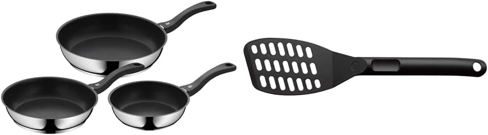 WMF Devil | Conjunto de 2 frigideiras antiaderentes em aço inoxidável 24 e 28 cm com espátula de plástico para todos os fogões incluindo indução
