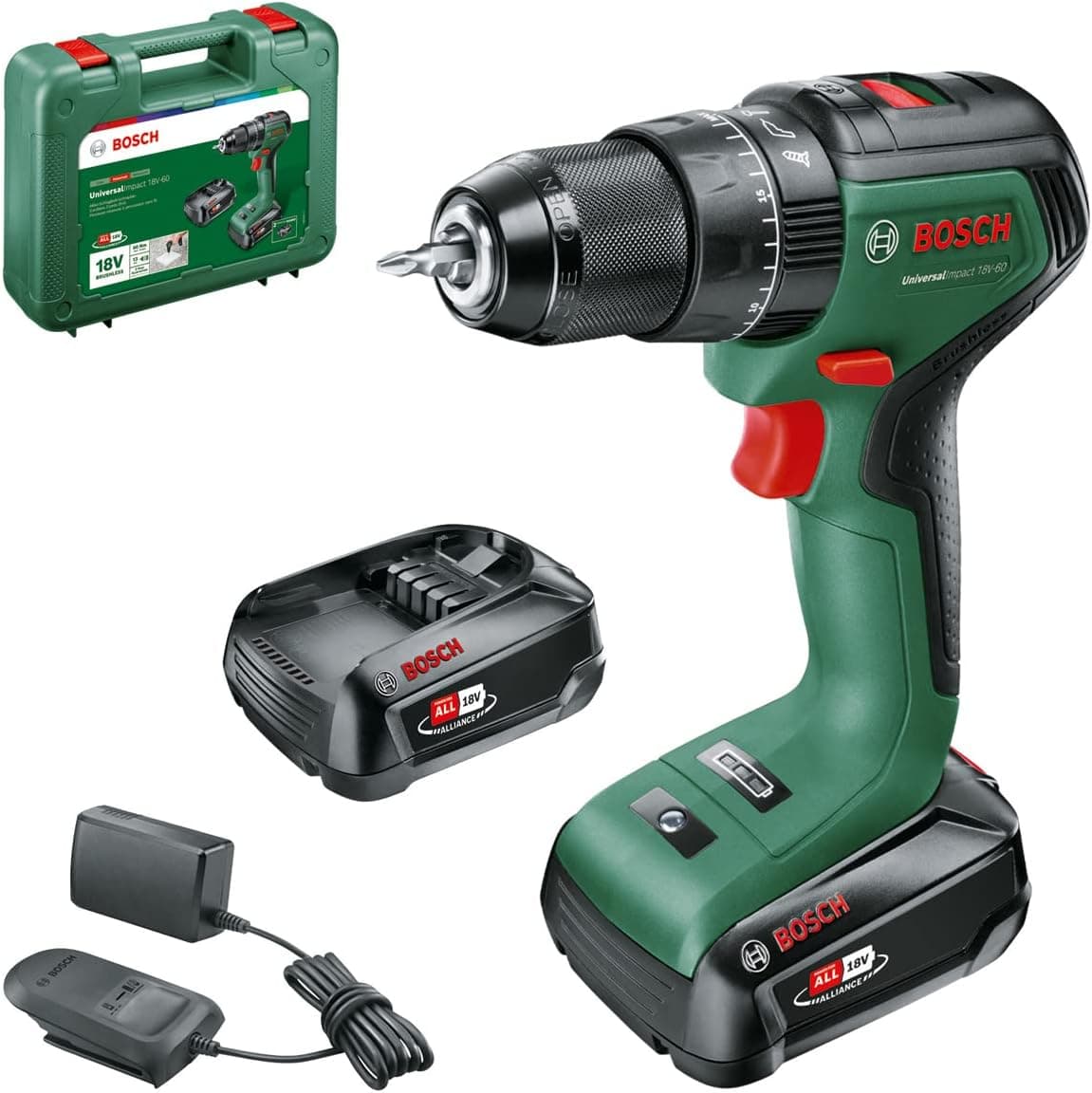 Bosch Home and Garden Broca de percussão a bateria UniversalImpact 18 V - 60 (2 baterias de 2,0 Ah, sistema de 18 V, em mala de transporte)