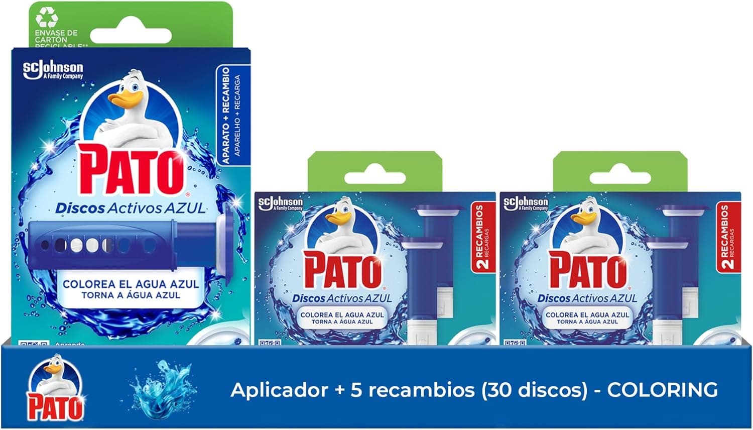 Pato Discos ativos água azul, limpa e perfumada, conjunto de aplicador para WC com 5 peças sobressalentes (30 discos)