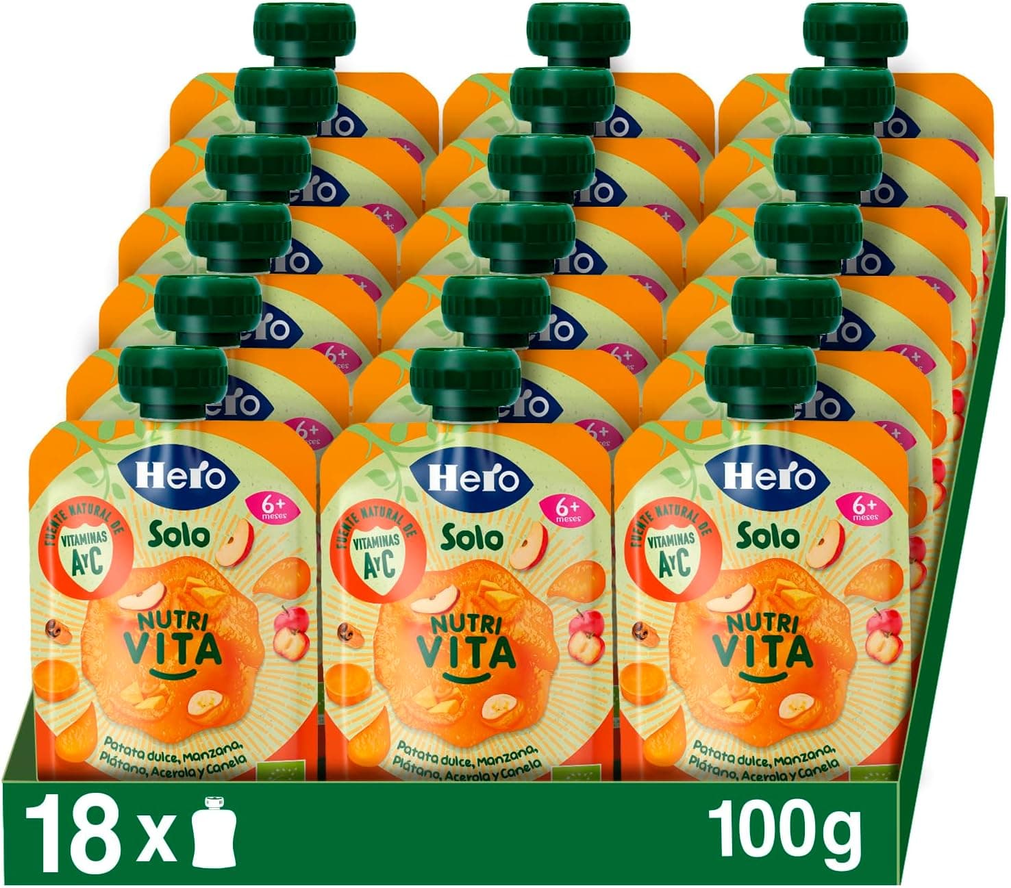 Hero Solo - Sacos ecológicos de batata doce, maçã, banana, cerola e canela, sem conservantes, aditivos, óleo de palma ou açúcares adicionados, a partir dos 6 meses, pack de 18 x 100 g