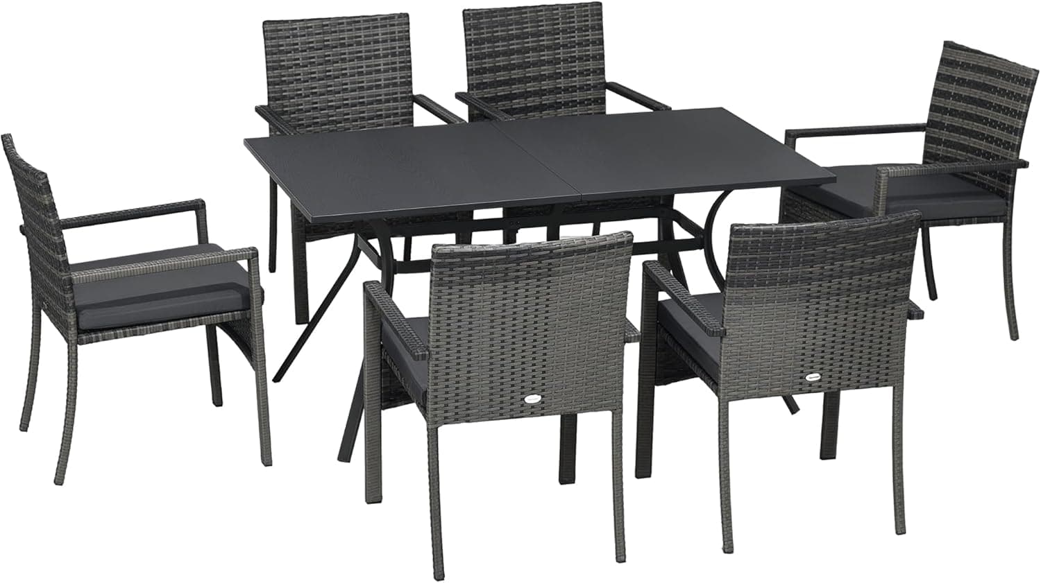 Outsunny | Conjunto de jantar de jardim em vime sintético com 6 cadeiras e almofadas removíveis e mesa cinzenta