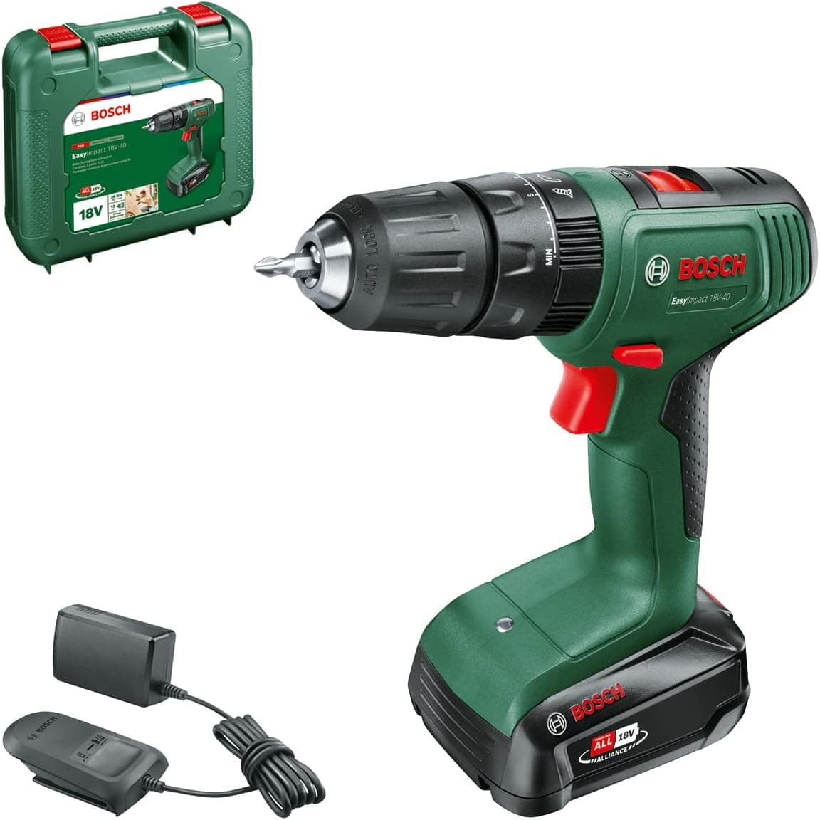 Bosch Home and Garden berbequim de percussão a bateria EasyImpact 18 V - 40 (1 bateria de 2,0 Ah, sistema de 18 V, em mala de transporte)
