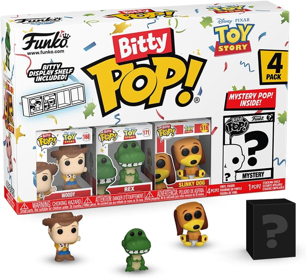 Funko Bitty Pop! Toy Story - Woody 4 PK - Woody, Rex, Slinky Dog e uma minifigura misteriosa surpresa - 0,9 polegadas (2,2 cm) - brinquedos colecionáveis- Repita empilhável incluída - ideia de presente