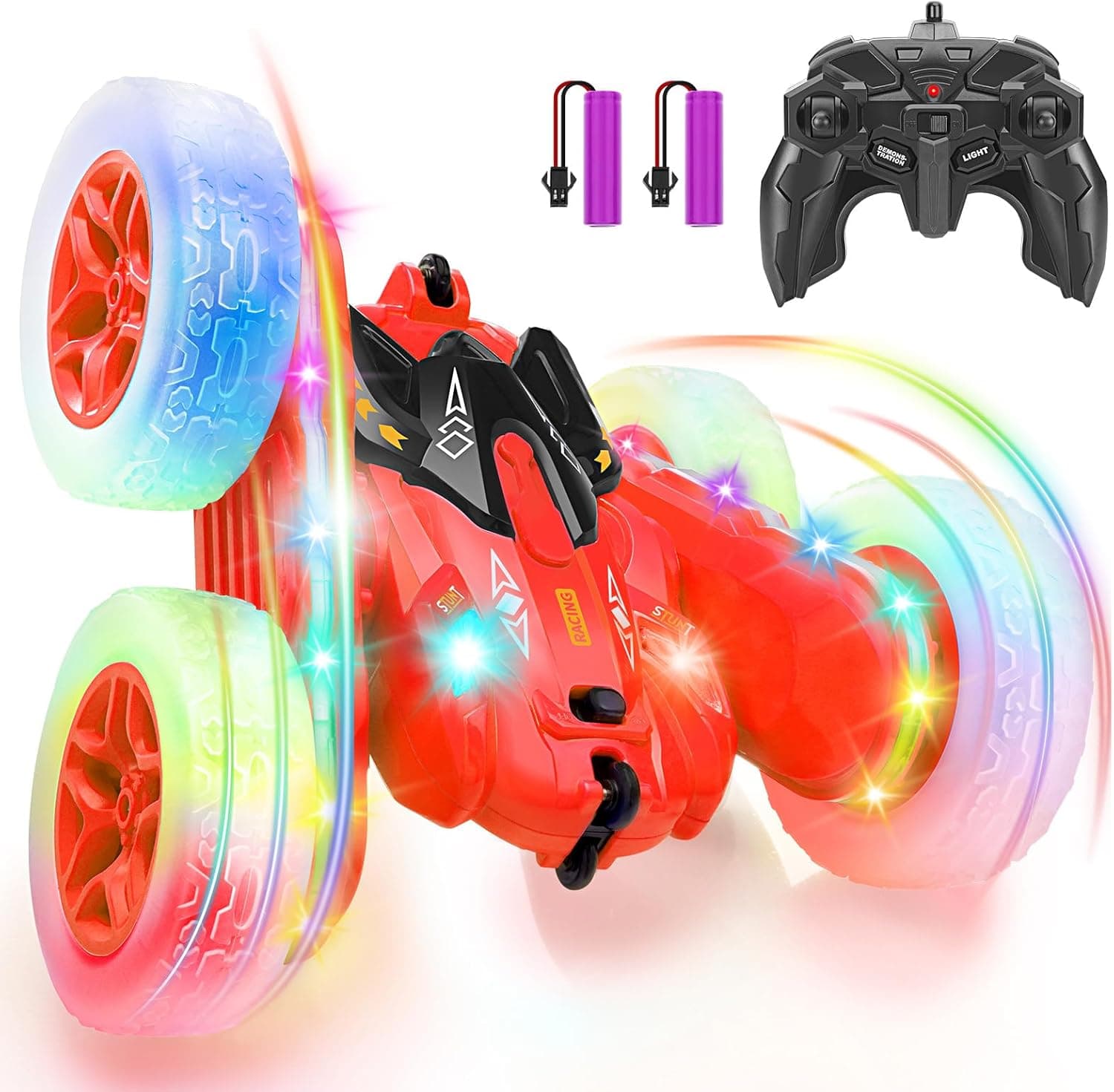 SGILE Carro remoto, carro acrobático com luzes LED, carro de corrida que gira 360 graus com frente e verso a 2,4 Ghz, carro RC recarregável, brinquedo para meninos e meninas, presente de aniversário