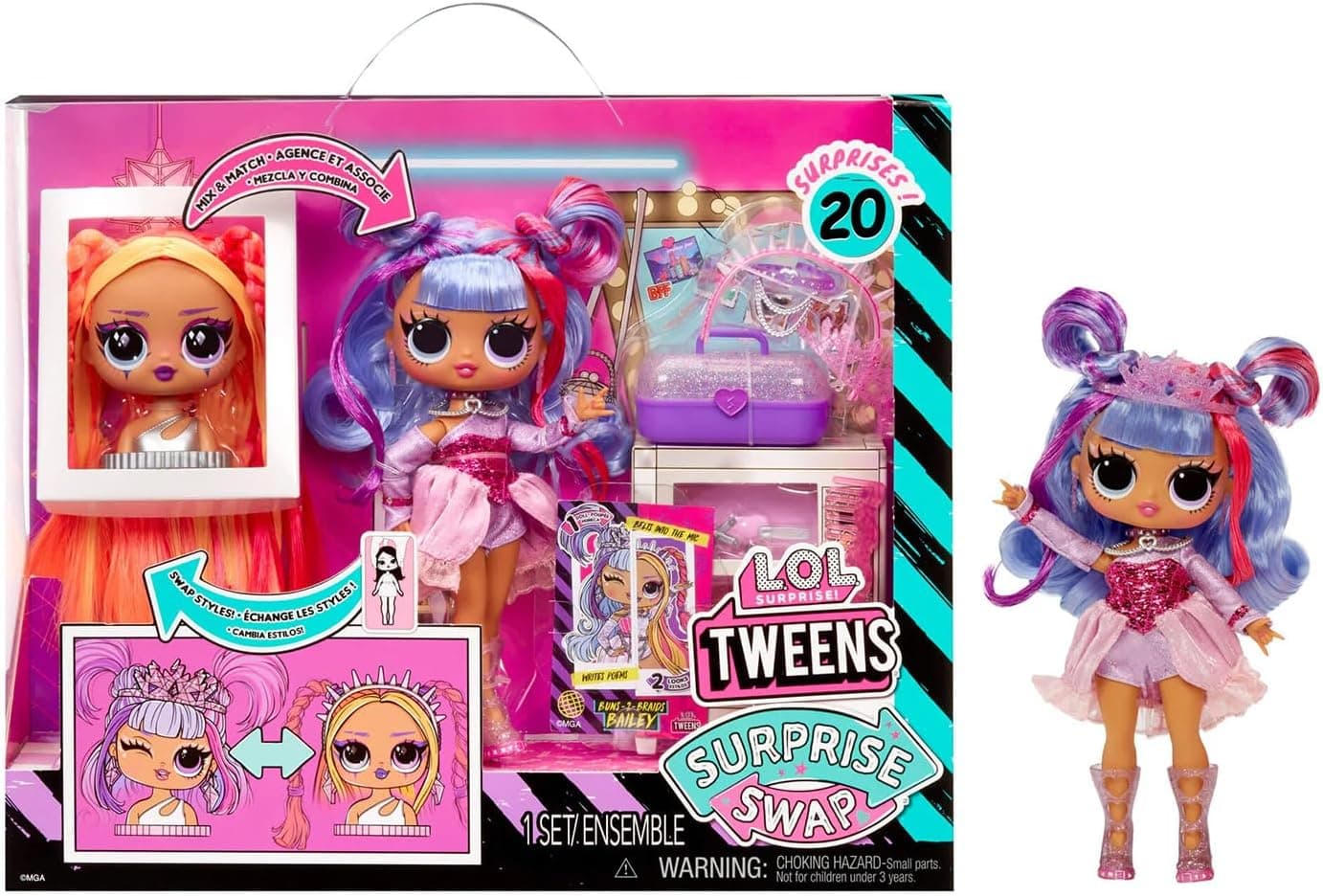 L.O.L. Surprise! Tweens Surprise Swap Series - Buns-2-Braids Bailey - boneca na moda com mais de 20 surpresas, incluindo cabeça para pentear, roupas e acessórios - para crianças a partir dos 4 anos