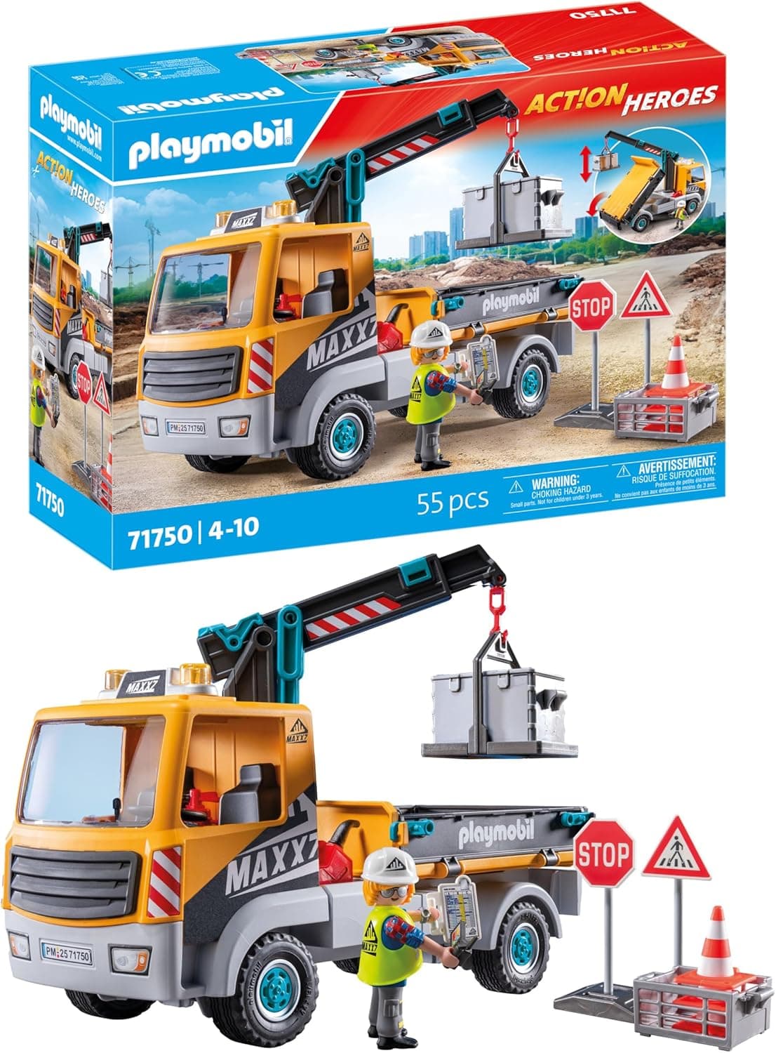 PLAYMOBIL | Action Heroes Camião de obra com guindaste, brinquedos de construção para crianças, conjunto de construção, para crianças a partir de 4 anos, 71750