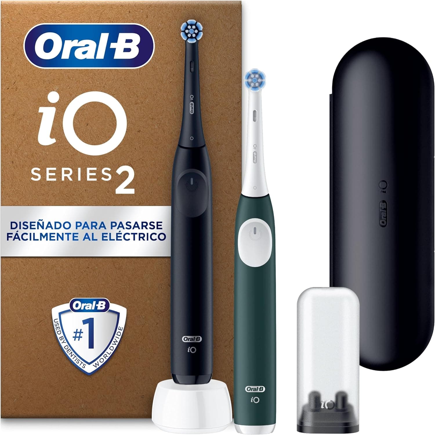 Oral-B iO 2 Pack de 2 escovas de dentes elétricas preto noite e verde floresta, 2 cabeças, 1 estojo de viagem, 1 suporte de substituição, 3 modos de escovagem, sensor de pressão e temporizador