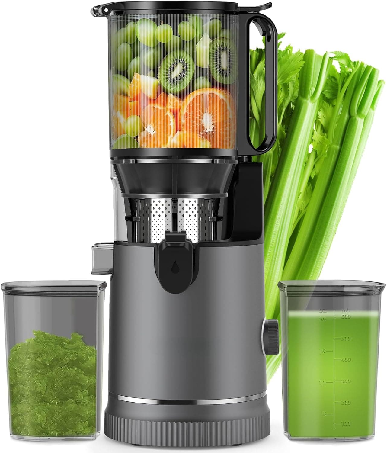 Extrator de sumo - prensado a frio com duto de 147 mm e motor de 400 W, alta extração de sumo e conservação de nutrientes, capacidade de 1,8 l com 2 copos, para frutas e legumes inteiros
