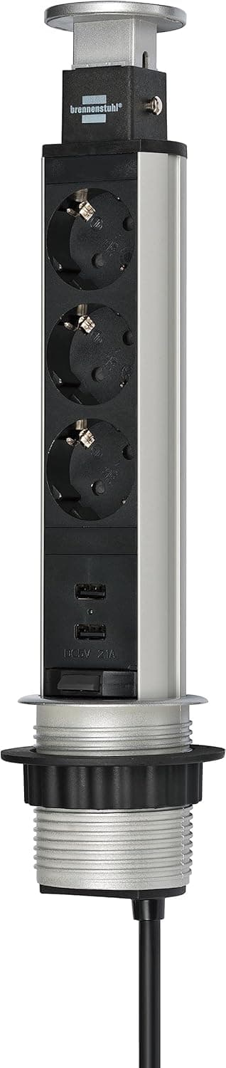 Brennenstuhl Tower Power Extensão de tomadas de mesa de 3 tomadas de corrente (cabo de 2 m, conector USB, retrátil na mesa, montável) alumínio