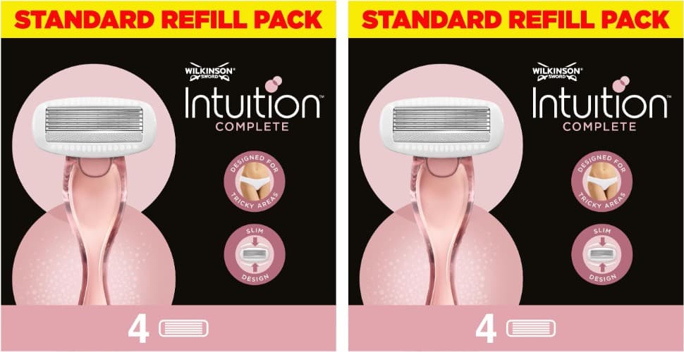 Wilkinson Sword Intuition completa: 4 peças de reposição de lâminas de depilação de 5 folhas com design fino para todas as zonas, 2 embalagens