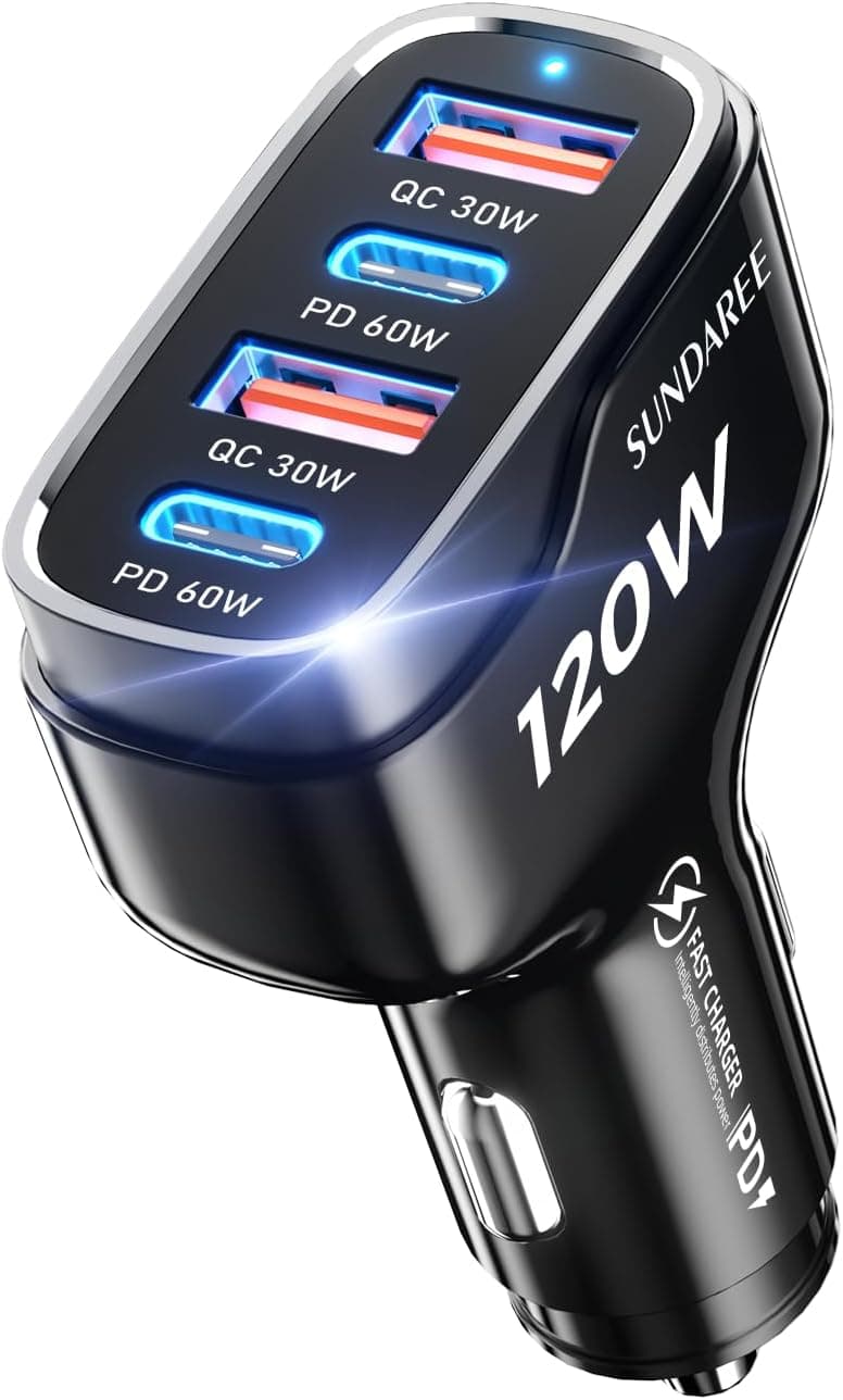 SUNDAREE Carregador de carro carregamento rápido, 120 W multiple 4 portas 12 V ~ 24 V PD QC tipo USB C isqueiro móvel tomada isqueiro adaptador para Samsung A54 A15/Redmi Note 13/iPhone 15/iPad/Galaxy