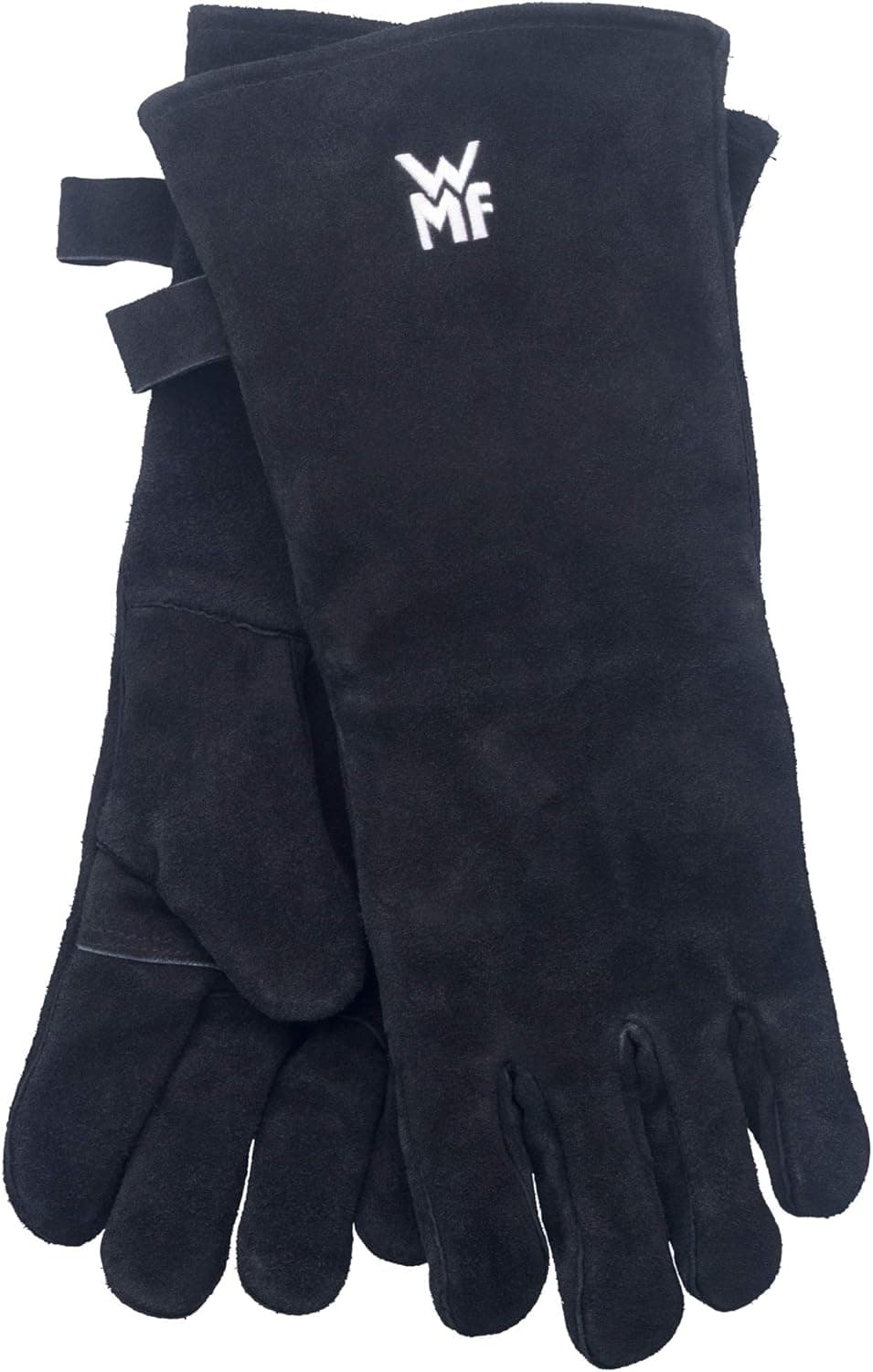 WMF BBQ - Grill Gloves, par de luvas para churrasco, couro preto, luvas resistentes ao calor, luvas para forno extra longo, tamanho prático (40 cm)